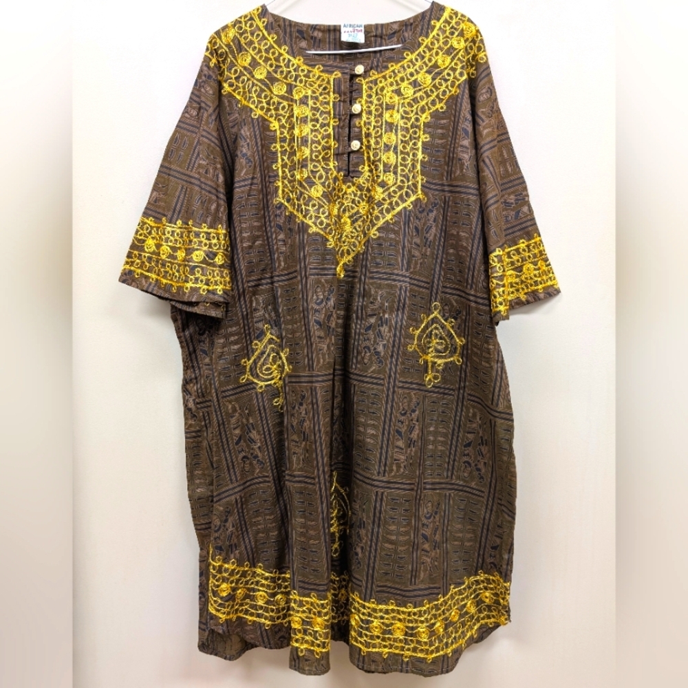 Vintage The African Star Brown And Gold Dashiki Short Caftan Unisex Dress OS